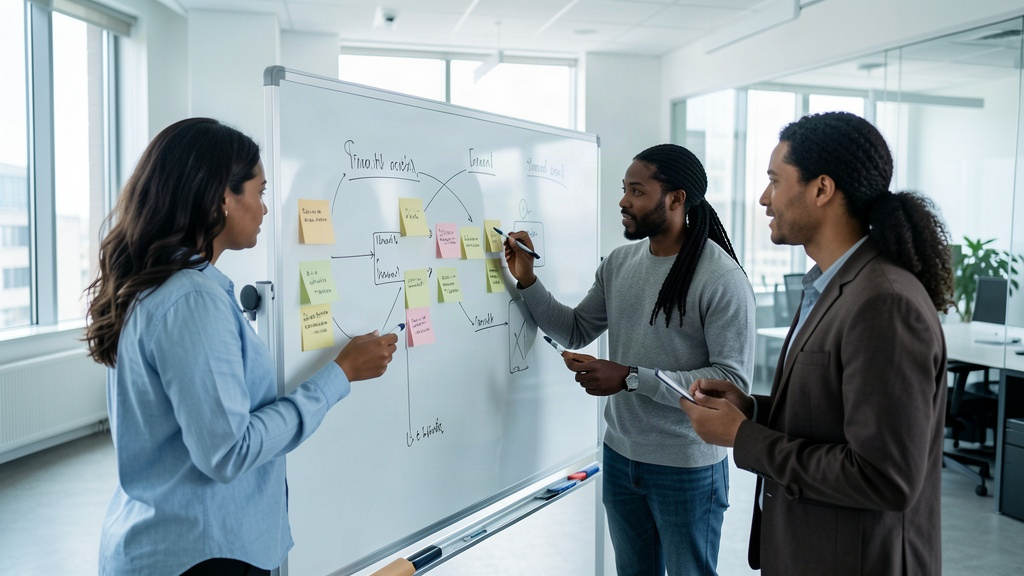 Team developing a written safety program at a whiteboard