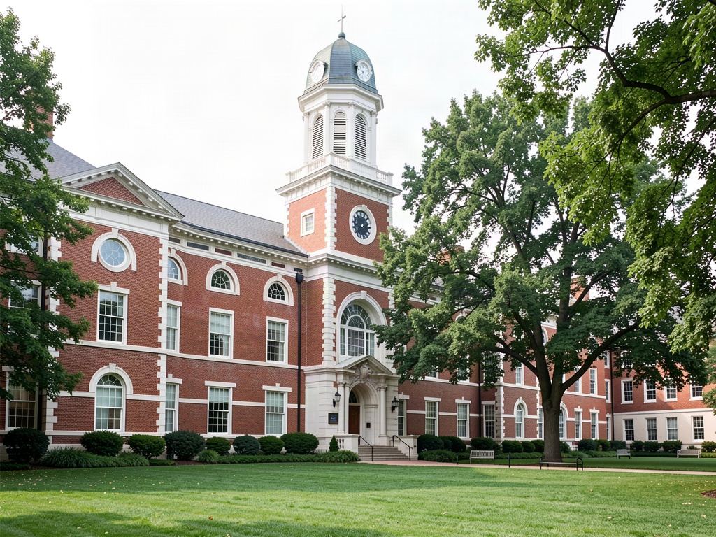 A red brick university building with a clock tower on a green campus quad