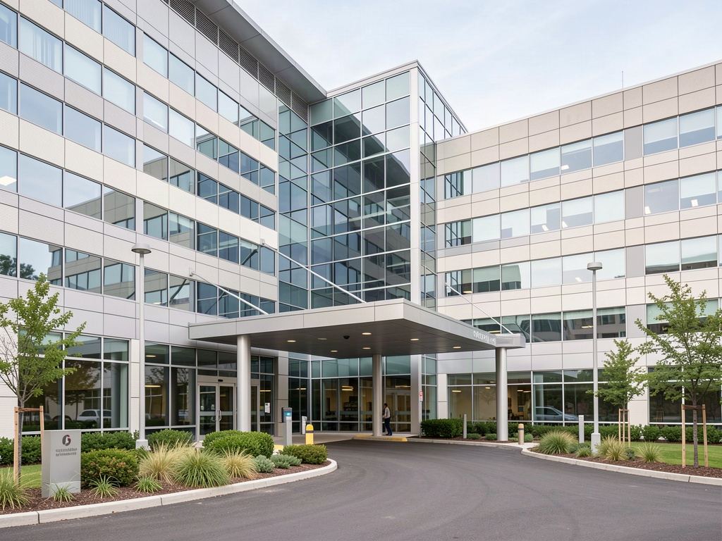 The glass entrance canopy and drop-off drive of a modern hospital