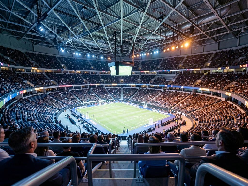 A packed indoor sports arena seen from the upper stands during an event