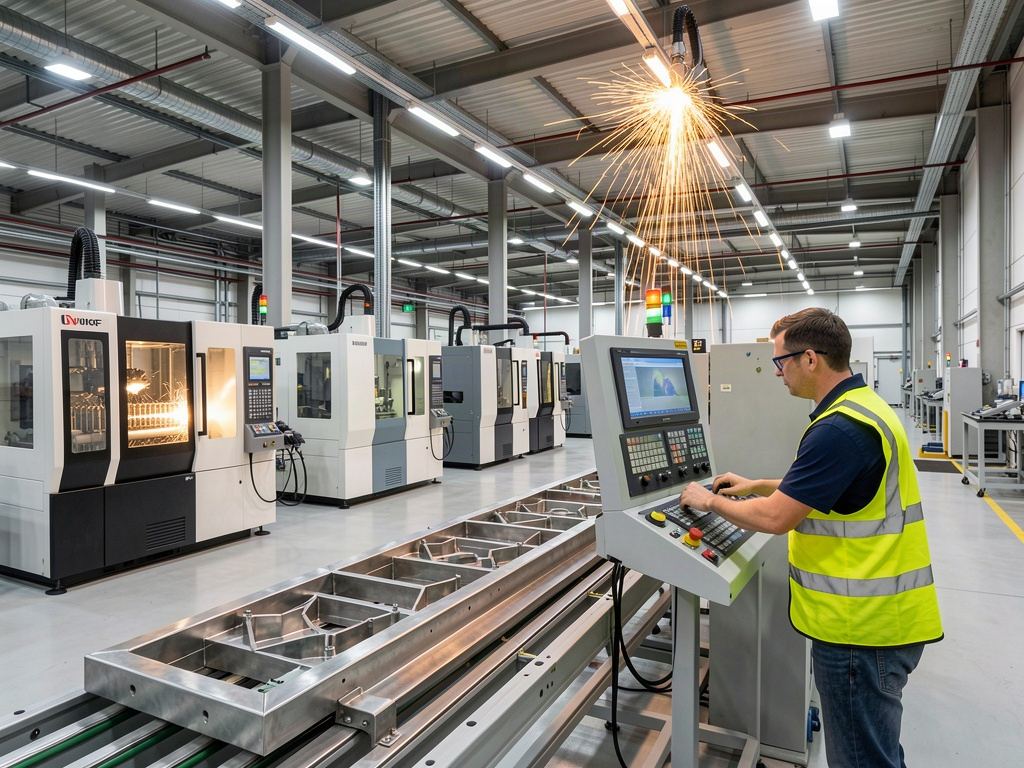A worker operating CNC machinery on a manufacturing plant floor