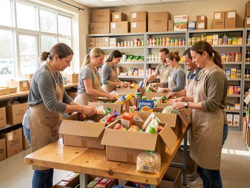 Volunteers sorting donated groceries into boxes at a community human services centre