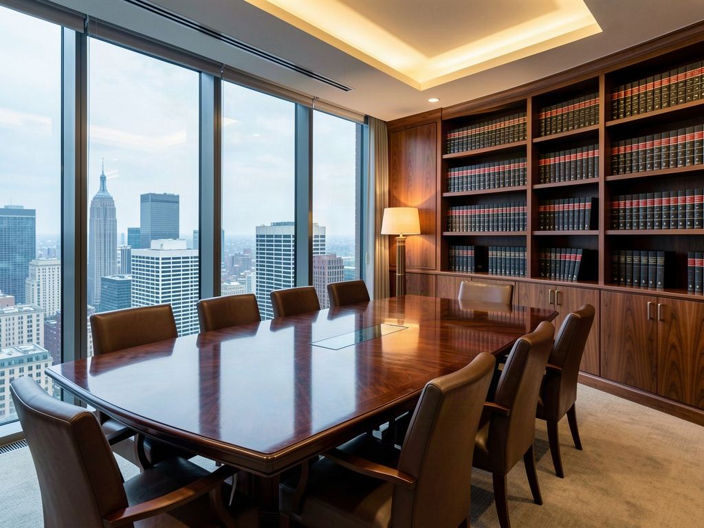 A wood-panelled law firm conference room overlooking a city skyline