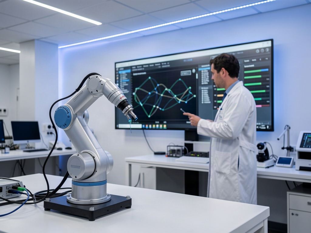 A robotic arm on a workbench in a robotics and AI engineering lab