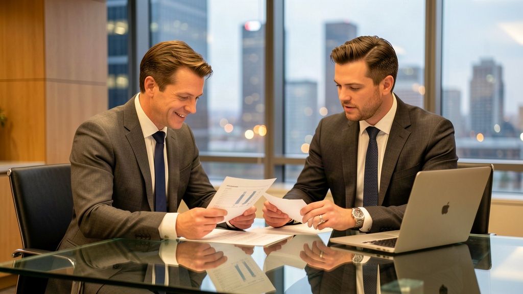 Two executives reviewing printed financial documents at a glass meeting table