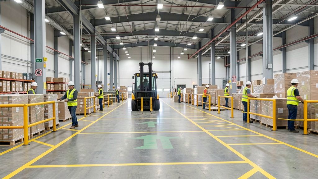 Warehouse floor with workers in hi-vis vests, a forklift and painted safety markings