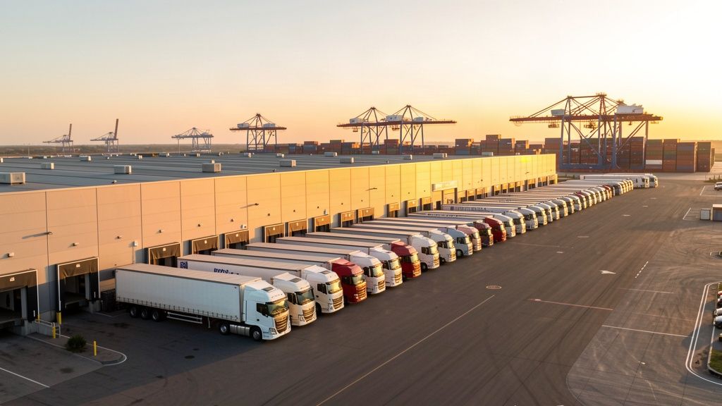 Tractor-trailers at the loading docks of a distribution centre with port cranes on the horizon