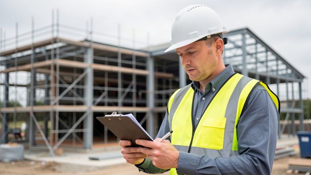 A site safety manager in a hard hat and hi-vis vest reviewing a checklist at a construction site