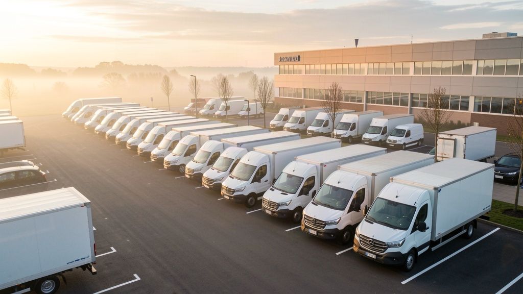 Rows of commercial box trucks and vans parked outside a corporate facility at dawn