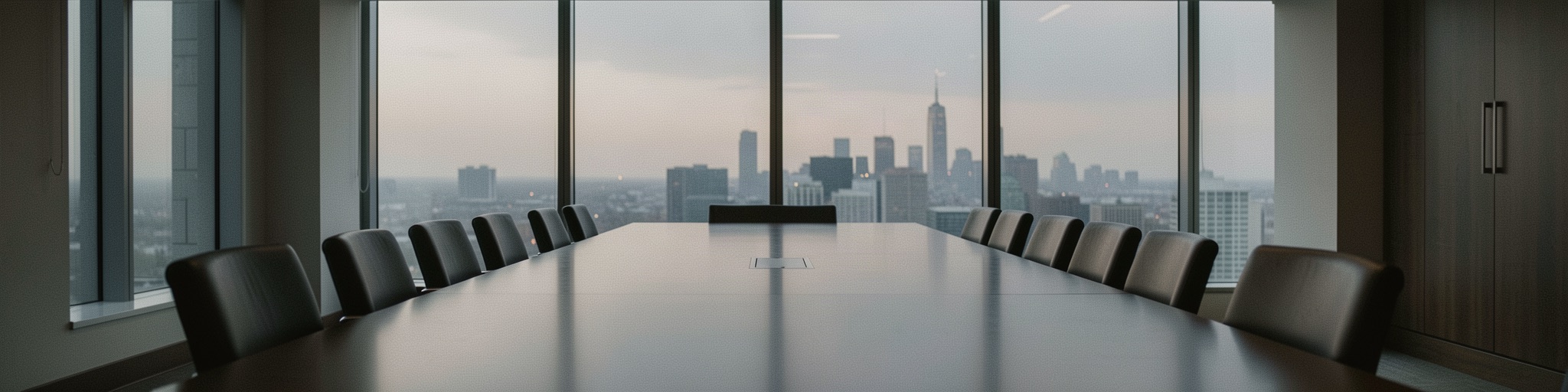 A long empty executive boardroom table with leather chairs and a city skyline beyond
