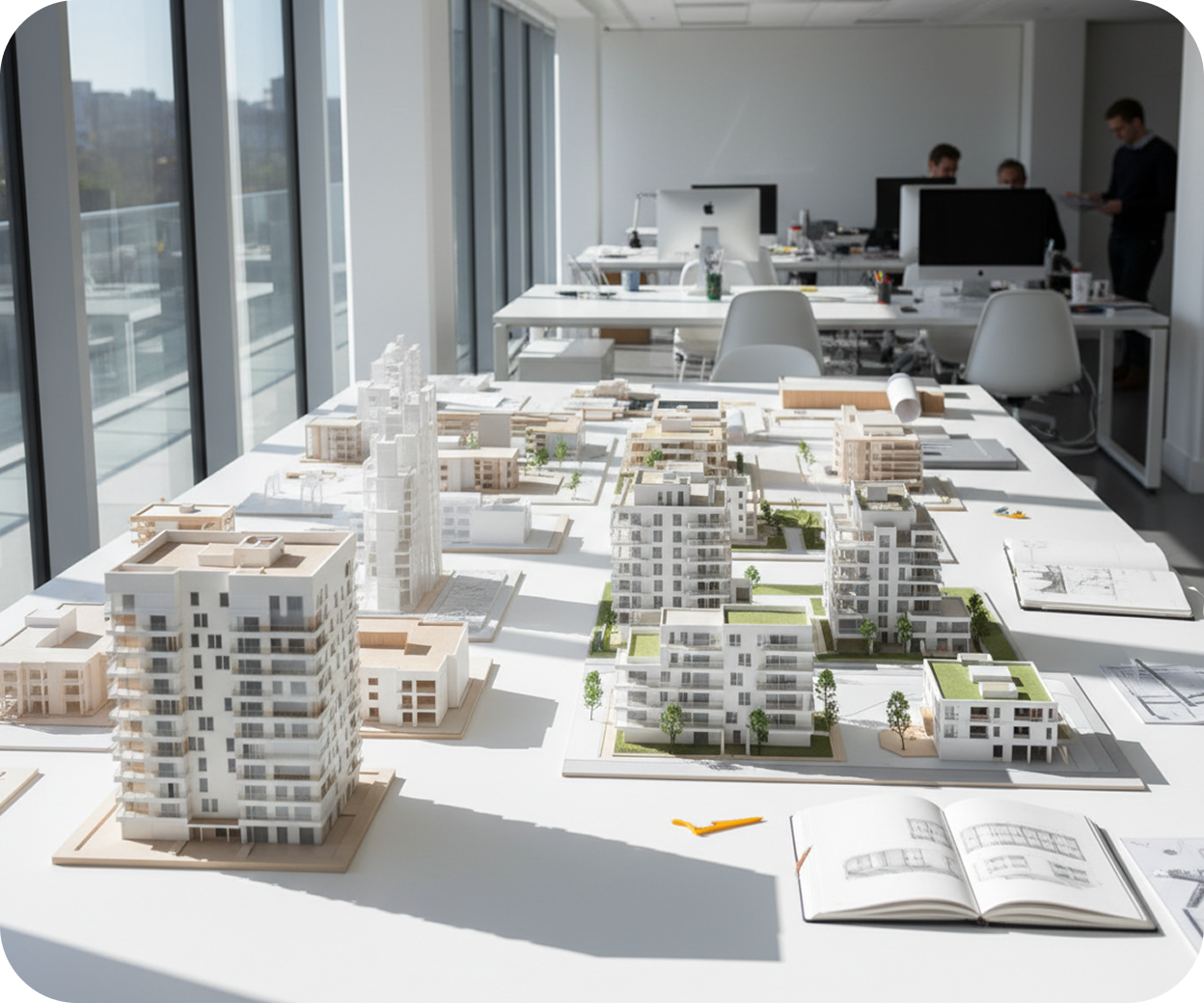 Maquettes d'architecture de bâtiments disposées sur une table lumineuse dans un bureau moderne.
