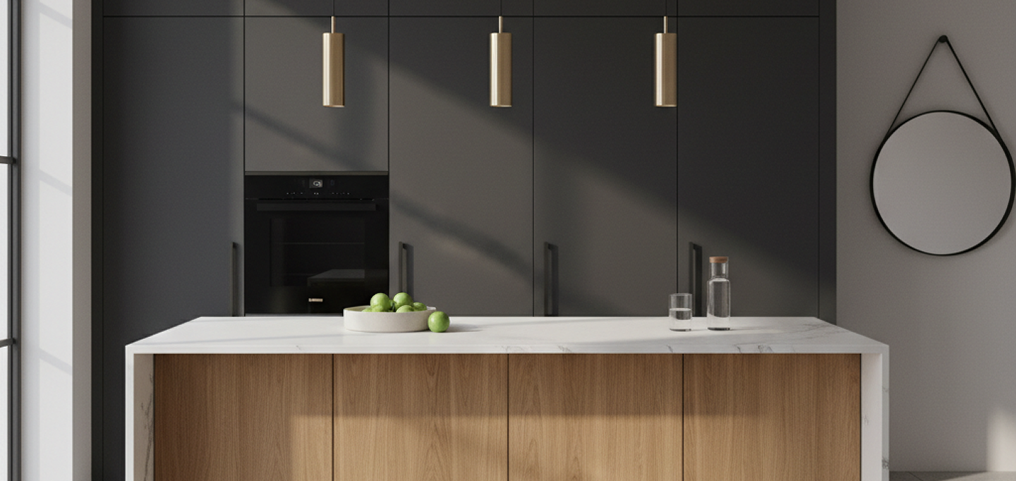 Cuisine moderne avec îlot en bois, plan de travail blanc, bols de pommes vertes et bouilloire en verre.
