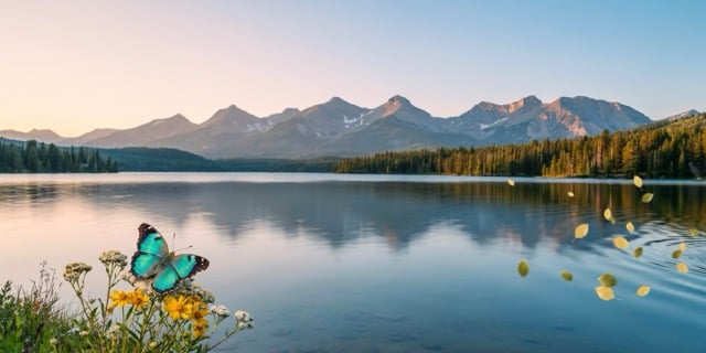 Turquoise butterfly on yellow flowers overlooking calm mountain lake at sunrise.