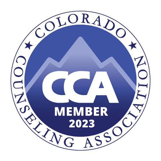 Colorado Counseling Association member badge 2023 with mountain logo