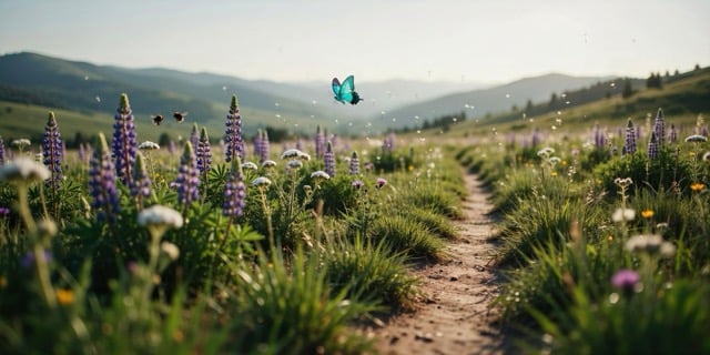 Turquoise butterfly flying over a wildflower field with purple lupines and mountain landscape.