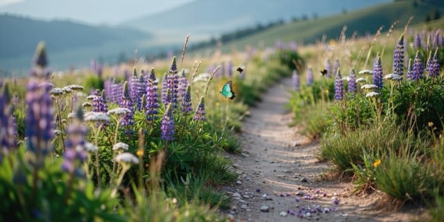 Dirt path through blooming purple lupine flowers with butterfly, mountains beyond