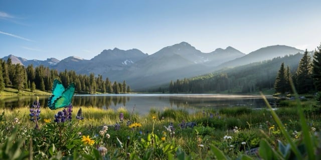 Turquoise butterfly on wildflowers overlooking alpine lake with forested mountains.