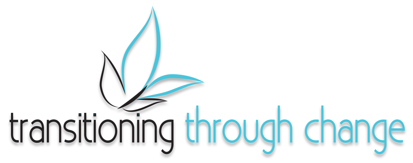 Logo showing stylized leaf with blue and black strokes next to text "transitioning through change"