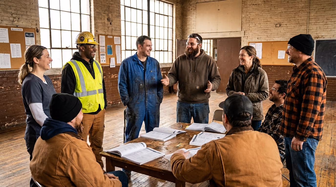 Group of construction and trade workers in safety gear gathered around a table with open manuals, smiling during a meeting in an industrial brick room
