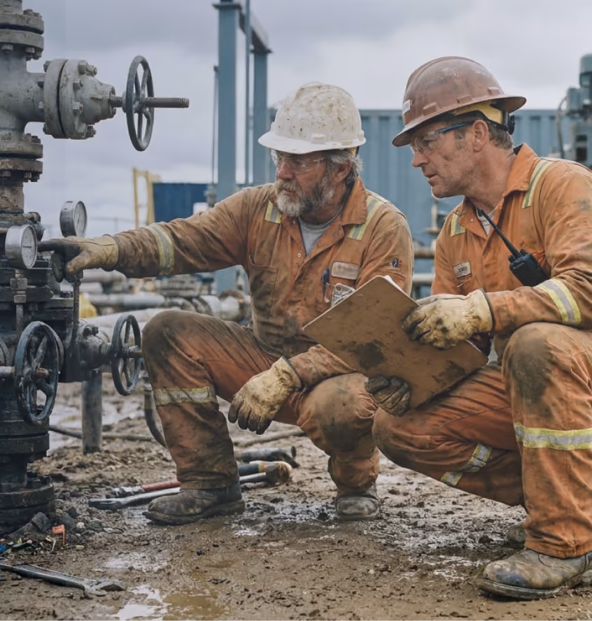 Two workers in orange coveralls and hard hats crouch by industrial valve equipment at a worksite, one pointing while the other holds a clipboard