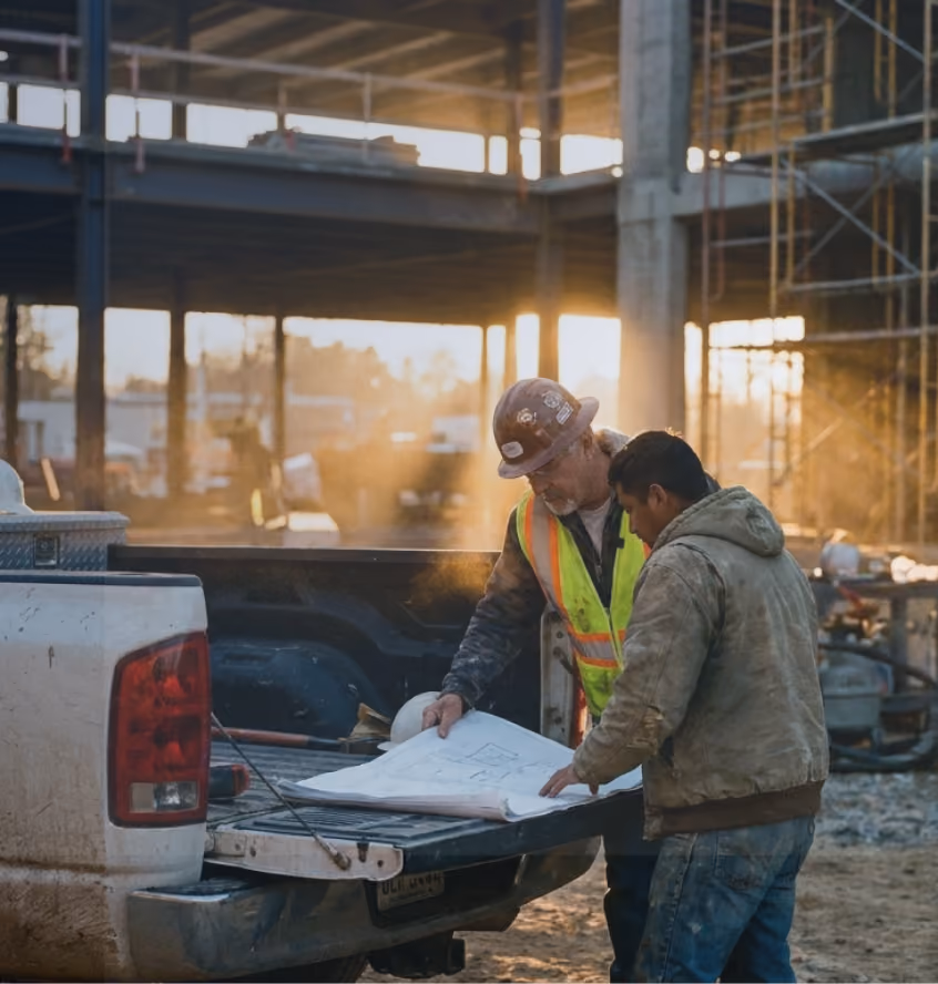 Two construction workers in hard hats reviewing blueprints on a truck tailgate at a building site during golden-hour sunlight