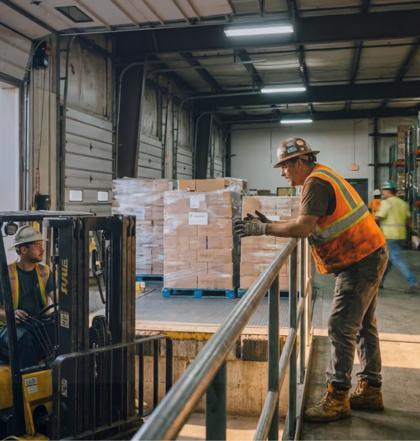 Warehouse workers unload boxed goods at a loading dock, one operating a yellow forklift while a supervisor oversees and guides the pallets