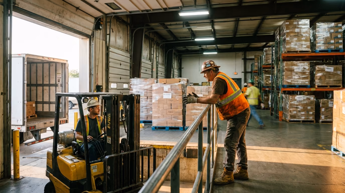 Warehouse workers unload boxed goods at a loading dock, one operating a yellow forklift while a supervisor oversees and guides the pallets