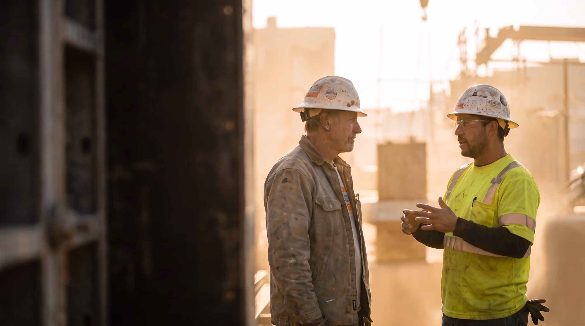 Frontline supervisor talking with a hard-hat crew member on a manufacturing floor