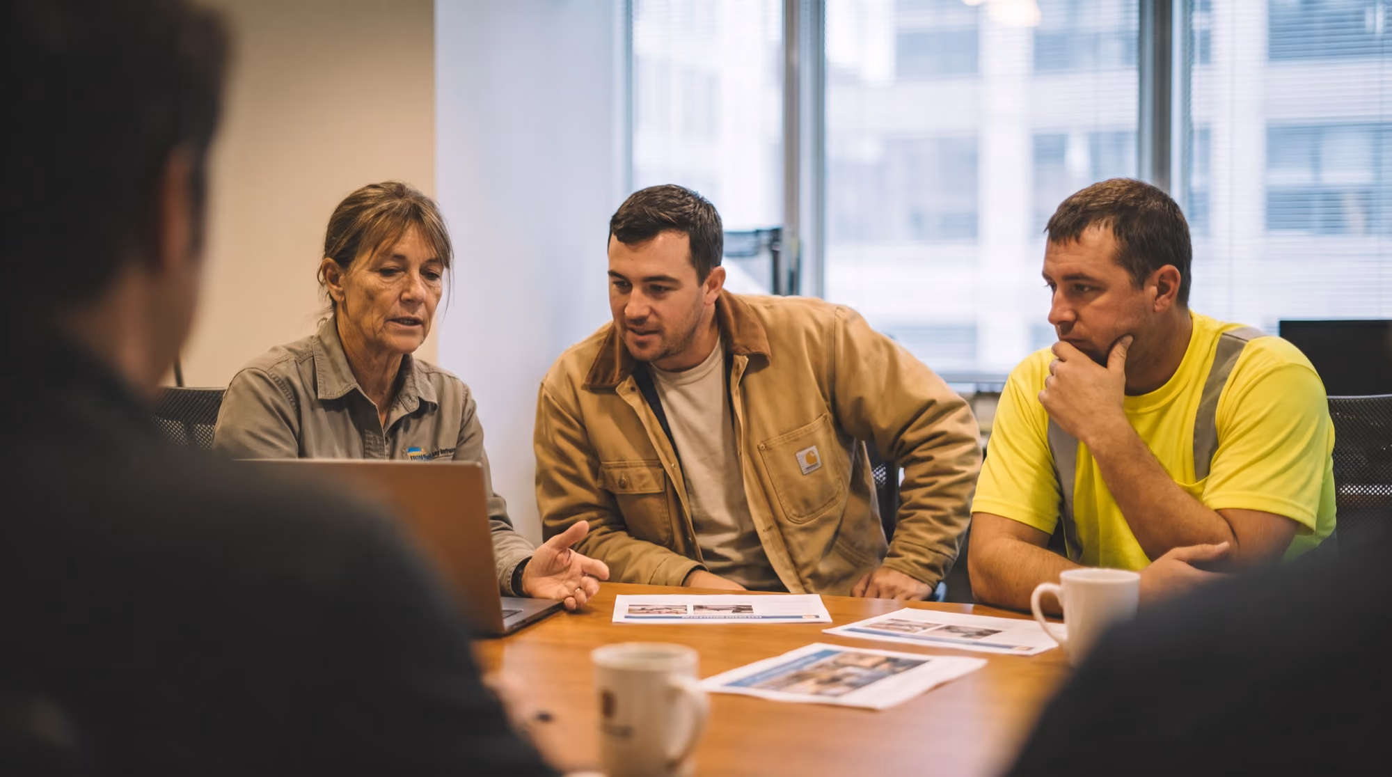 Training consultant walking two frontline workers through material on a laptop