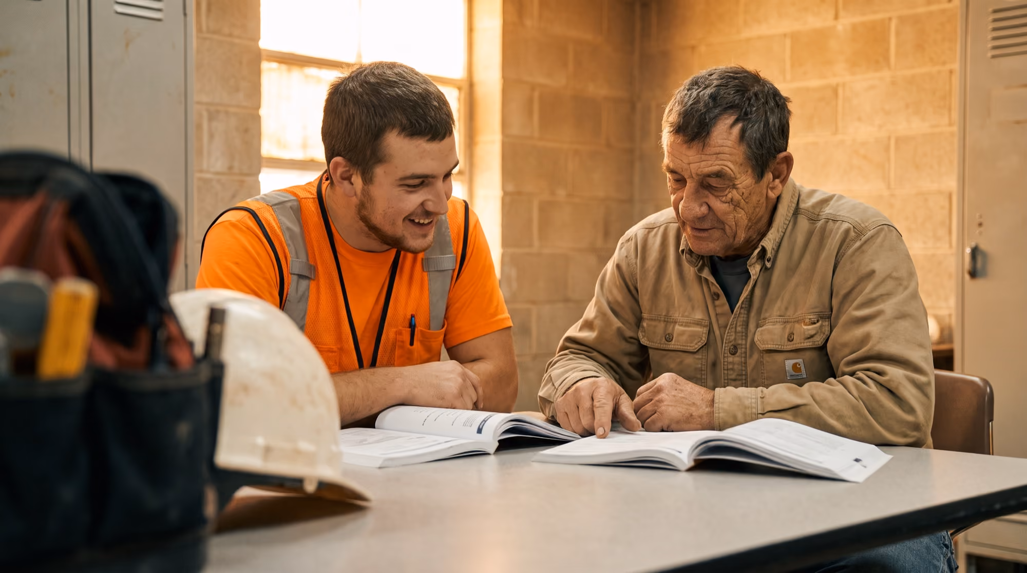 Frontline workers around open workbooks in an open-enrollment training session