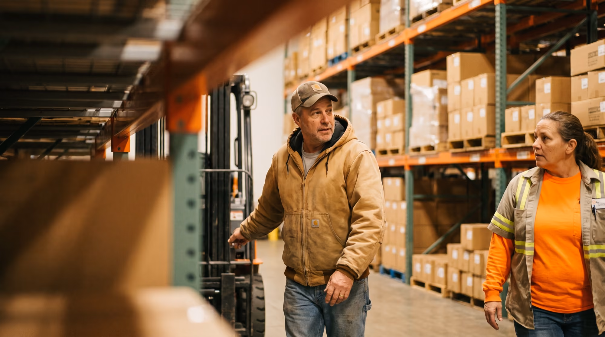Warehouse supervisor and worker on a distribution-center floor beside a forklift