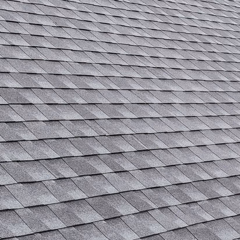Drone view of a completed residential roof project.