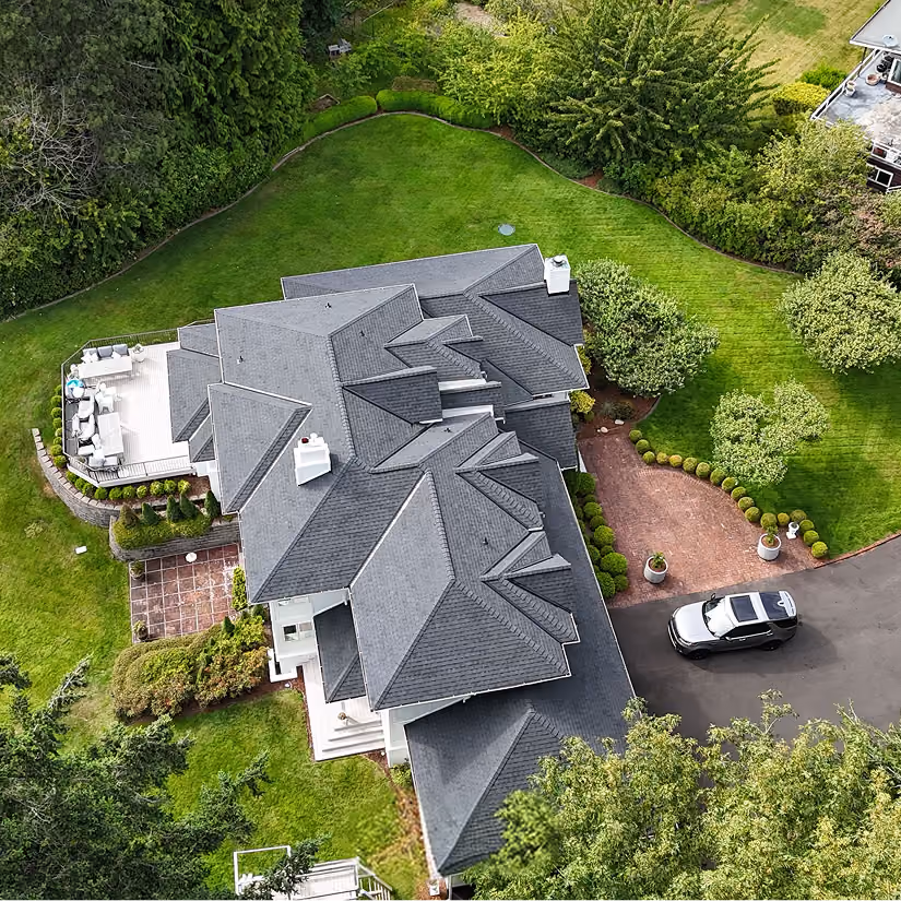 Drone view of a residential roof installation project.