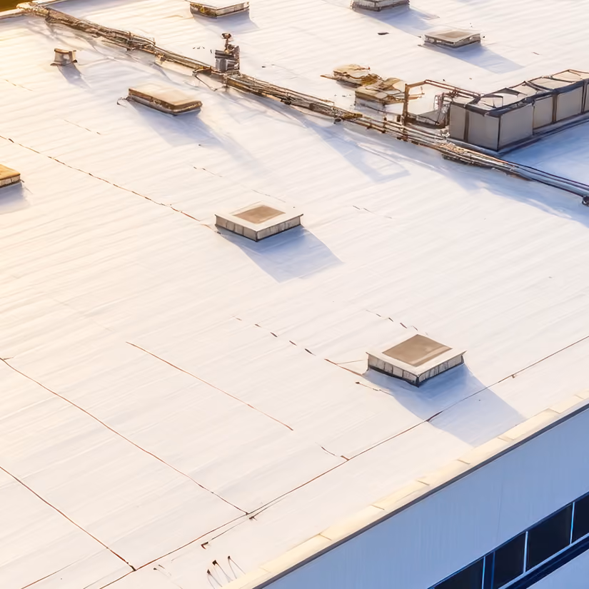 Aerial view of a flat roof building.