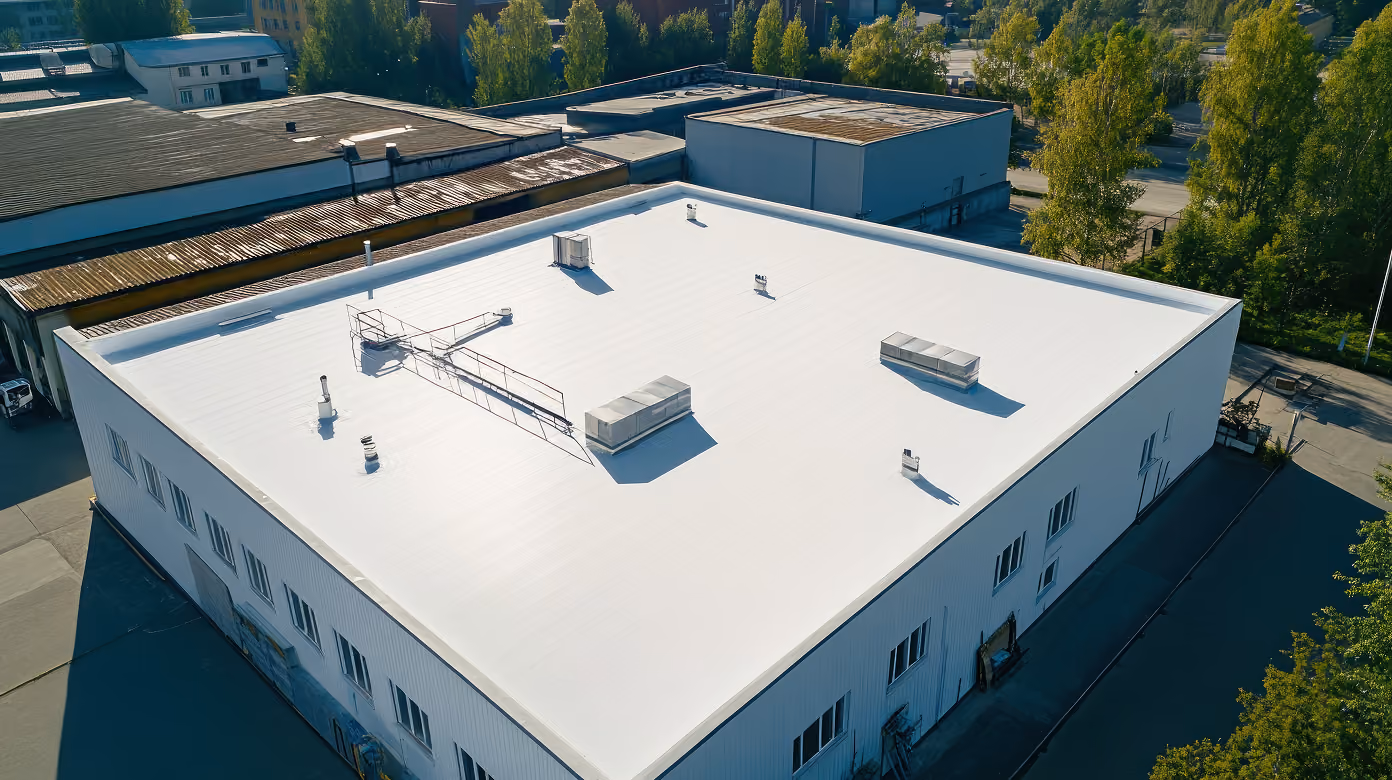 Aerial view of a flat commercial roof.