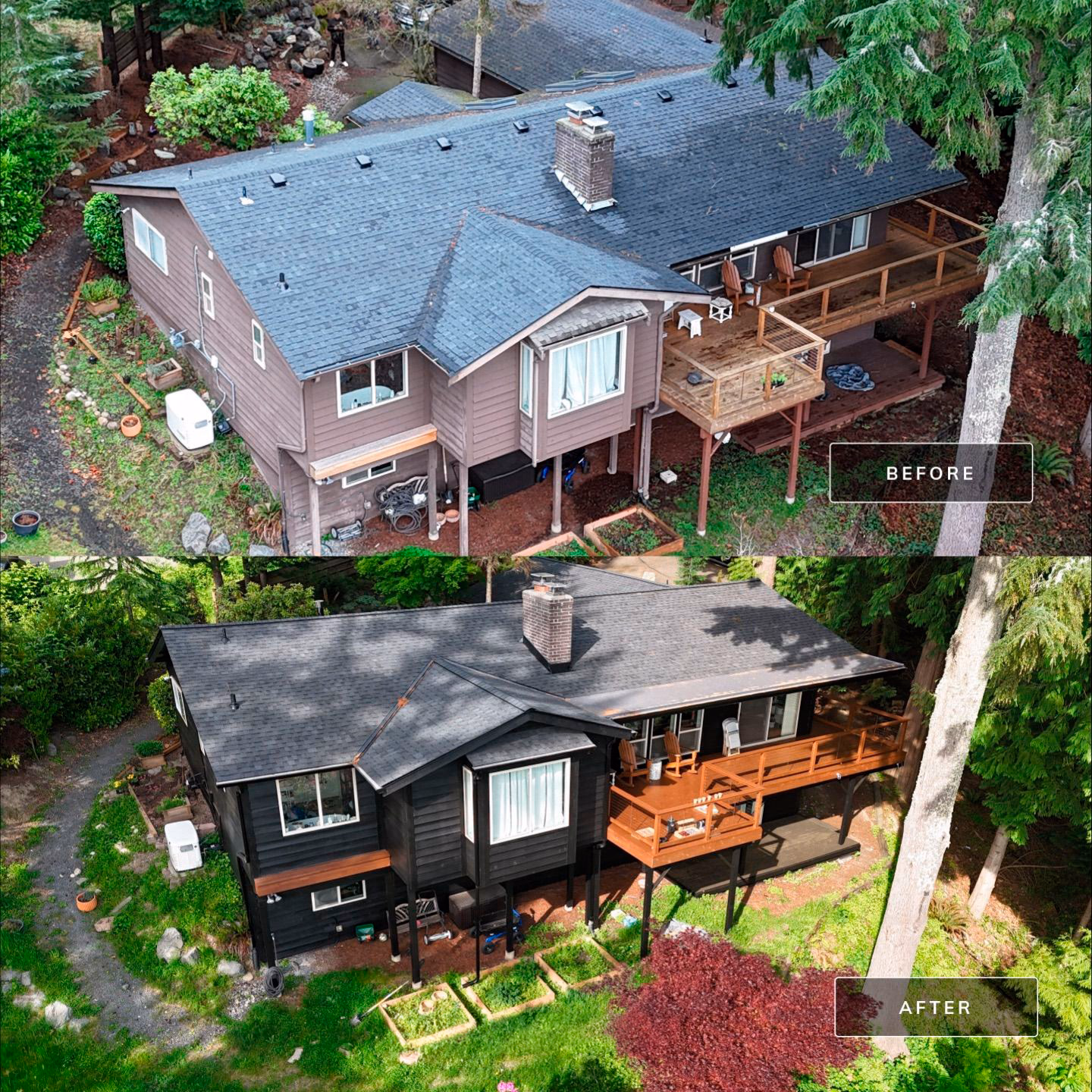 Aerial view of a large home with a newly installed roofing system and surrounding trees.