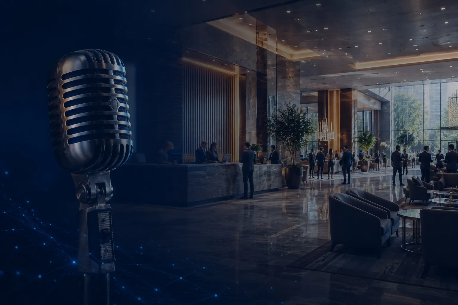 Large vintage microphone on left with a bustling modern hotel lobby on the right.