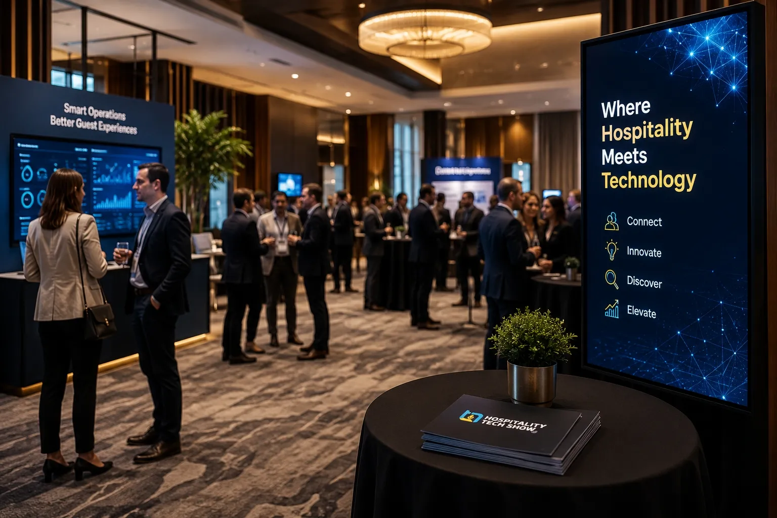 Business professionals networking at a hospitality tech conference with digital displays and brochures.