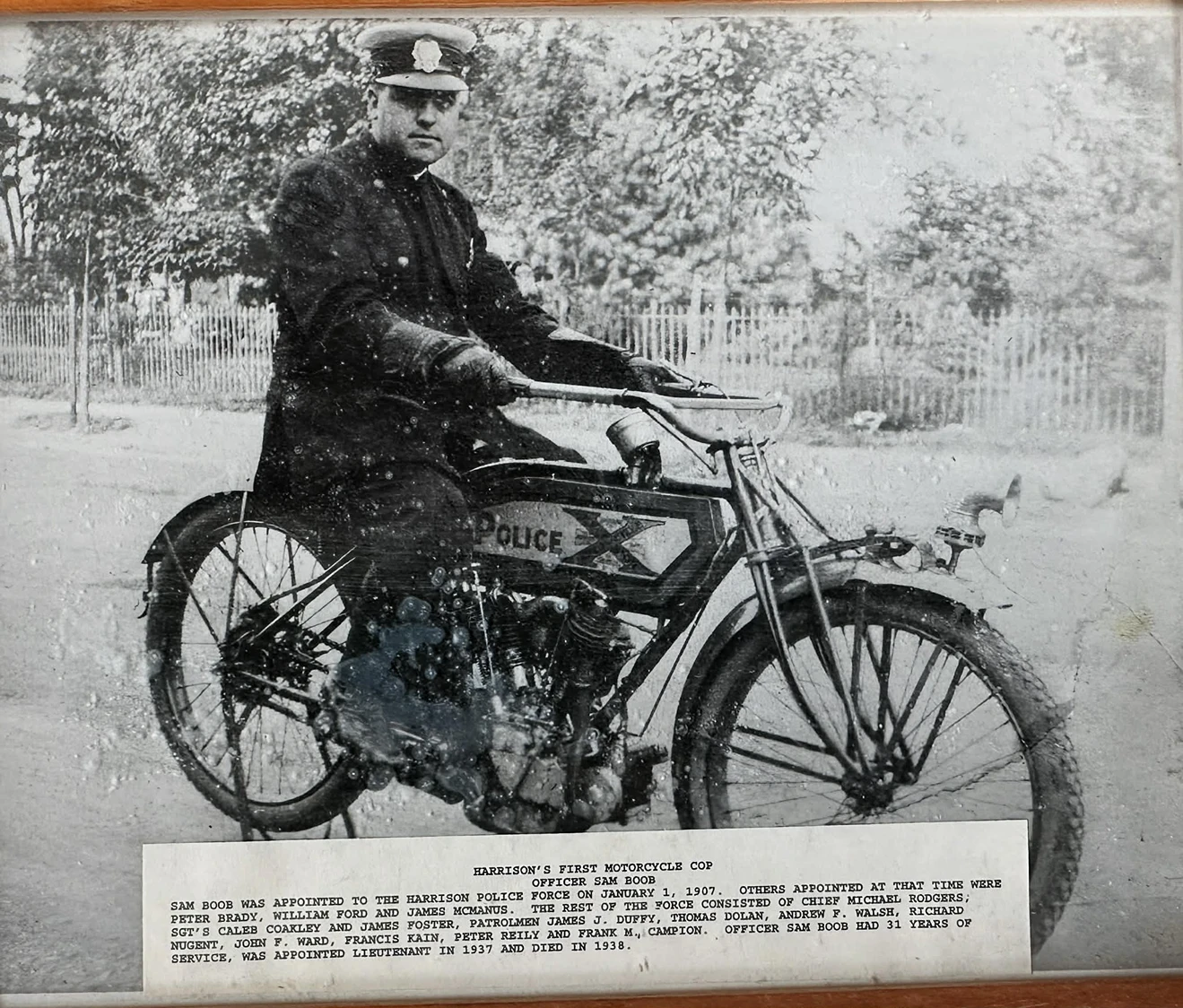 Sam Boob, the Harrison Police Department's first motorcycle officer, 1907.