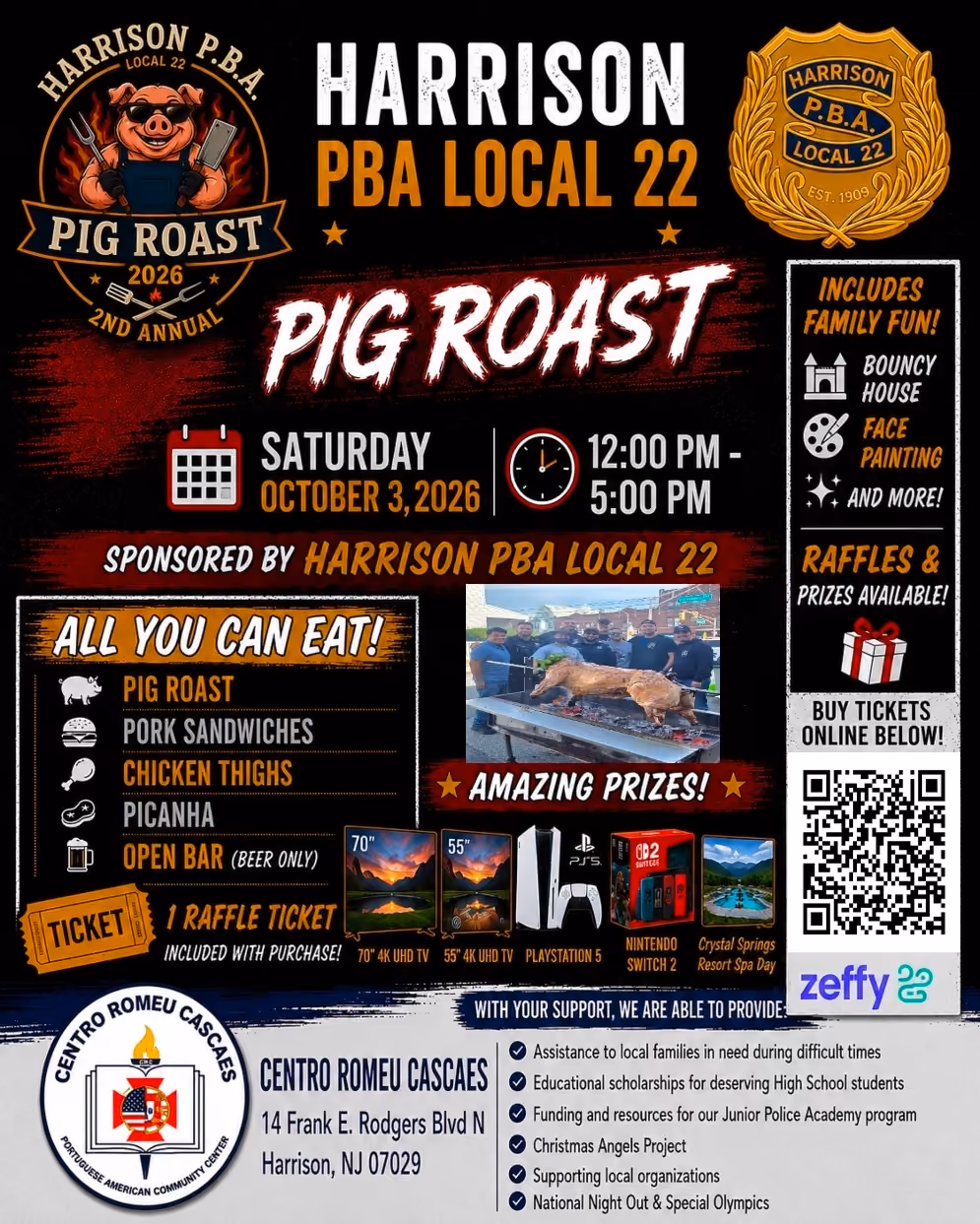 Harrison PBA Local 22 Pig Roast event poster on Oct 3, 2026, with food, prizes, family fun, and raffle details.