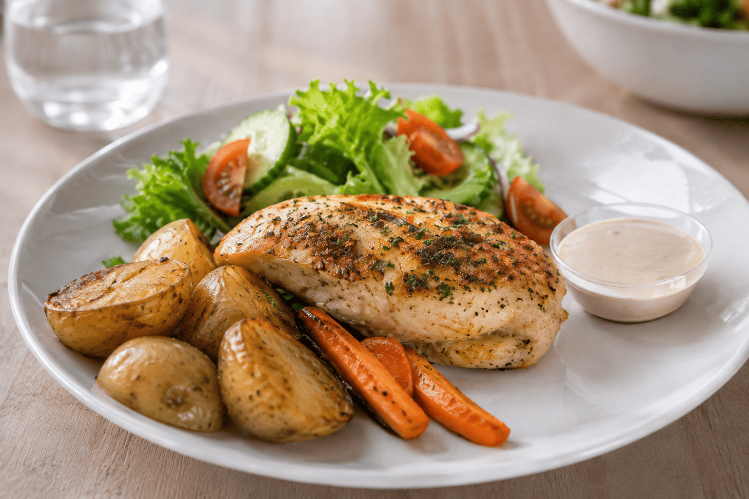 Grilled chicken breast with roasted potatoes, carrots, salad, and creamy dipping sauce on a white plate.