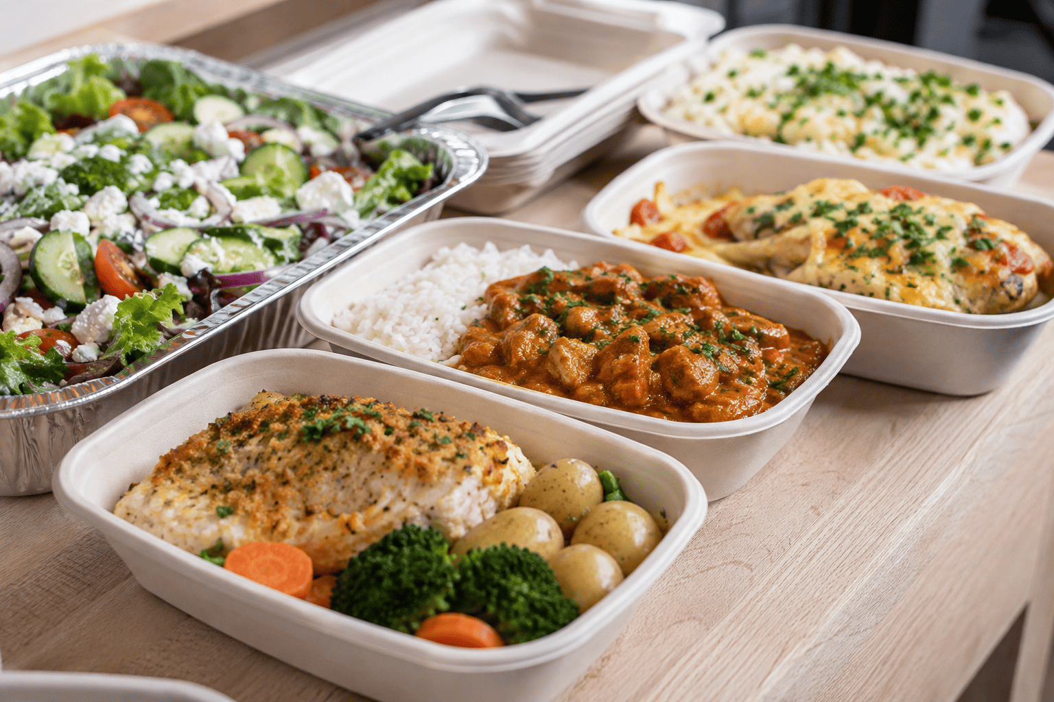 Assorted meal trays with baked fish, chicken, rice, stew, vegetables, and fresh green salad.