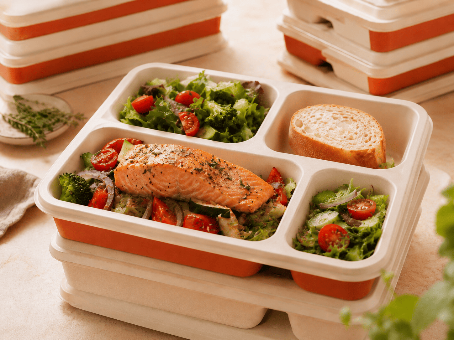Meal prep container with cooked salmon, mixed salad, cherry tomatoes, and a slice of bread.