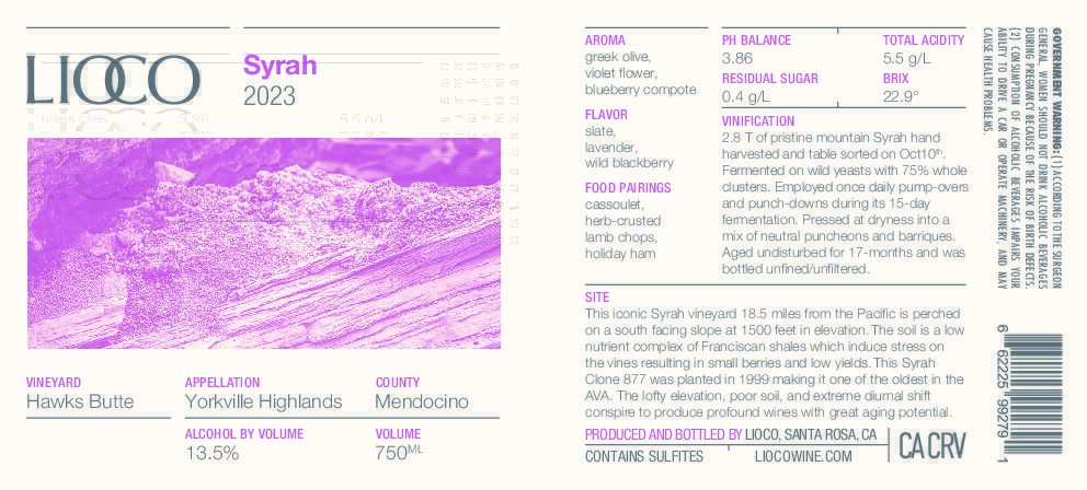 2023 Syrah – Hawks Butte, Mendocino County