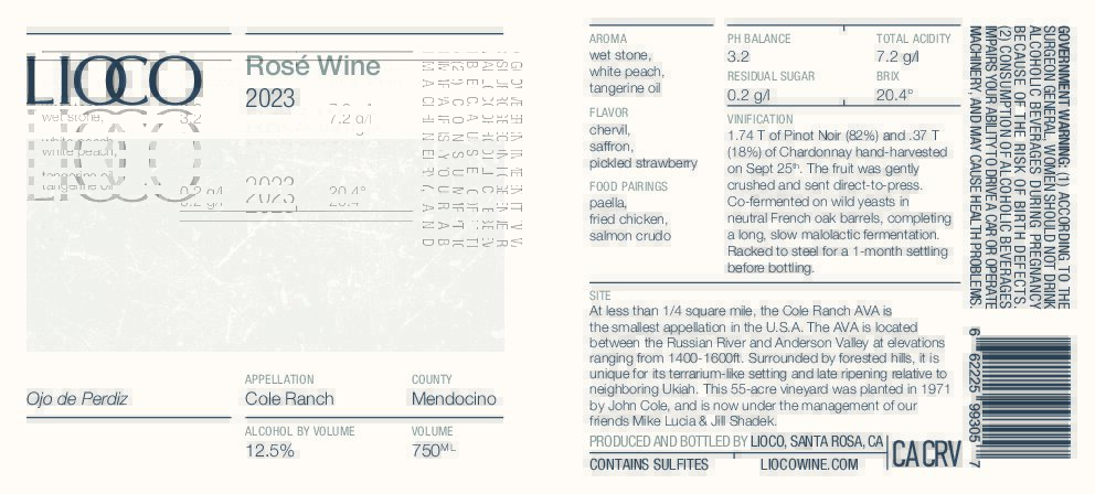 2023 Rosé – Ojo de Perdiz, Cole Ranch Vineyard, Mendocino County