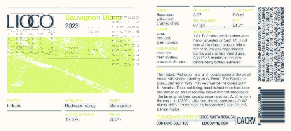 2023 Sauvignon Blanc – Lolonis Vineyard, Redwood Valley