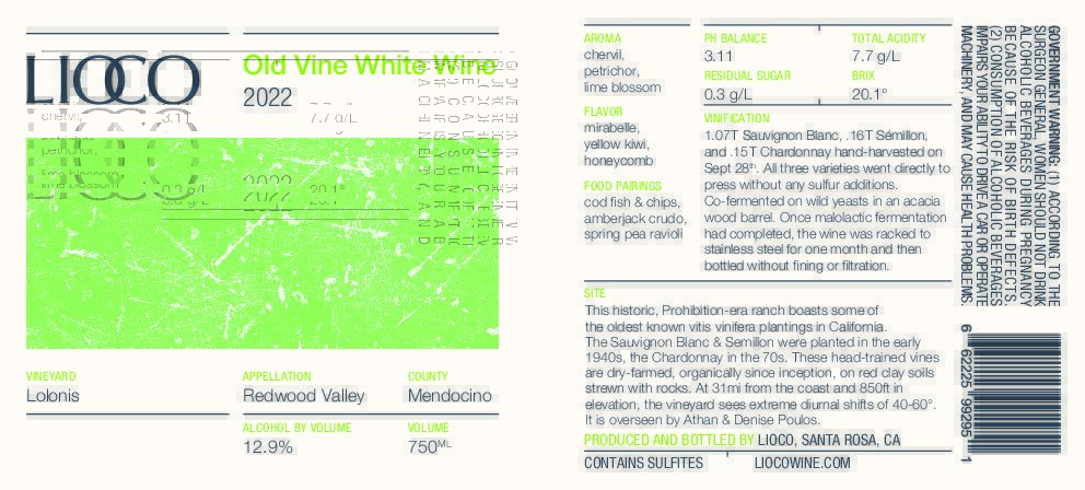 2022 White Wine – Old Vine White, Redwood Valley