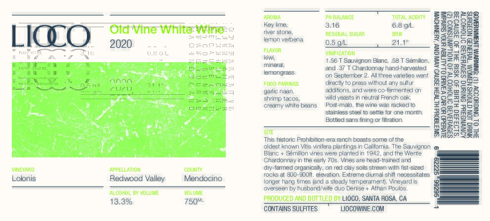 2020 White Wine – Old Vine White, Redwood Valley