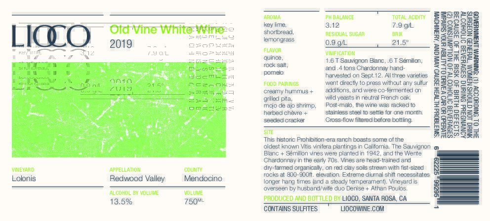 2019 White Wine – Old Vine White Wine, Redwood Valley