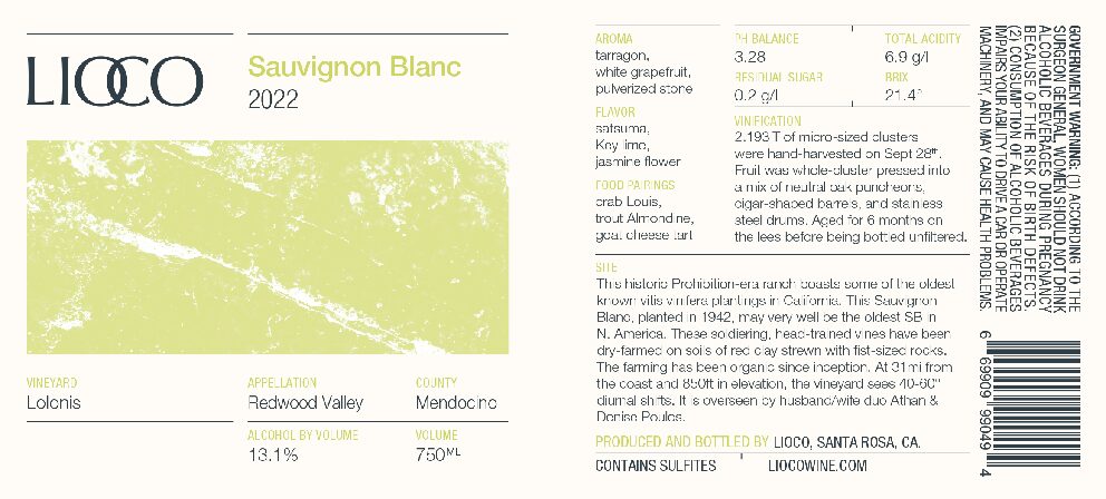 2022 Sauvignon Blanc – Lolonis Vineyard, Redwood Valley